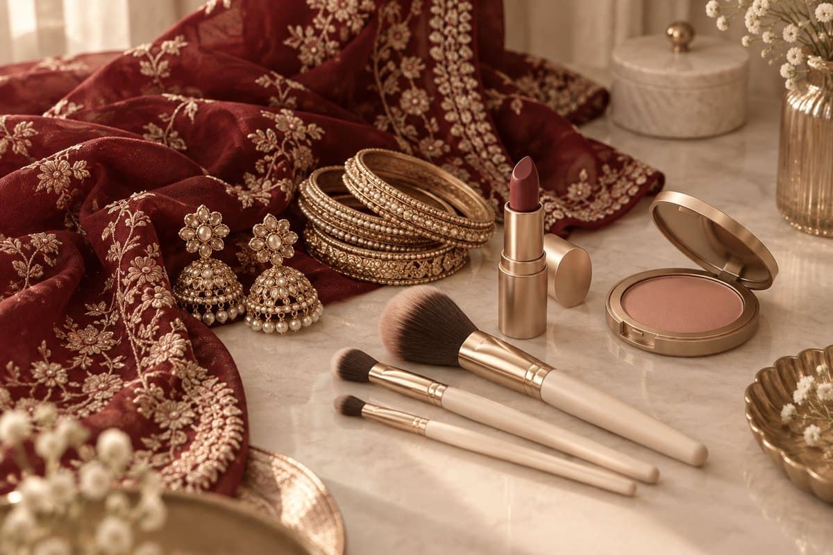 Burgundy embroidered dupatta, gold jewelry, bridal makeup brushes, and berry lipstick on a cream vanity
