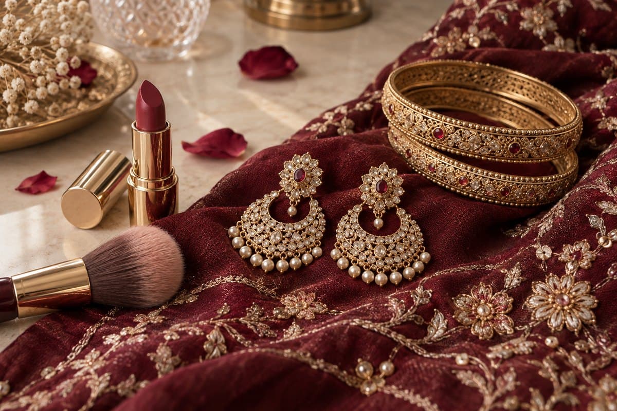 Gold earrings and bangles beside a burgundy dupatta, makeup brush and lipstick