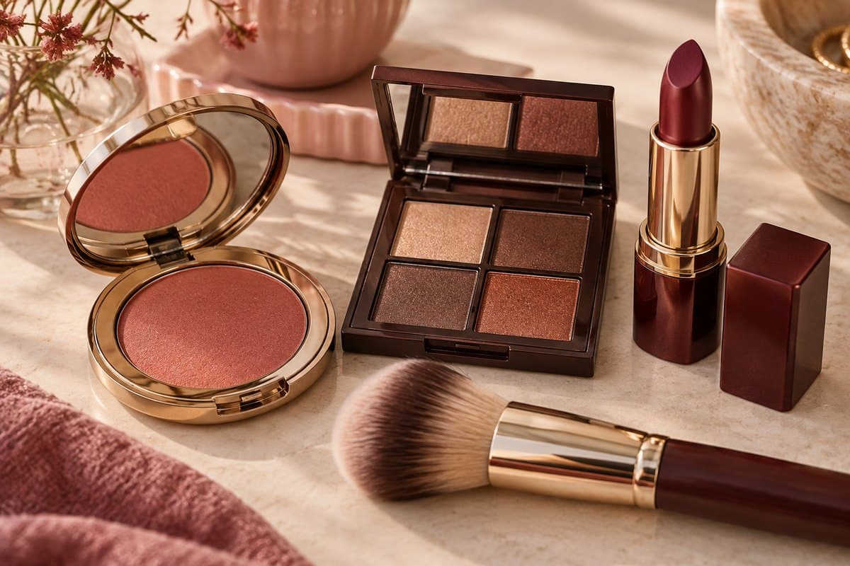 Terracotta and rose blush, bronze eyeshadows, berry lipstick, and a makeup brush on a cream tabletop