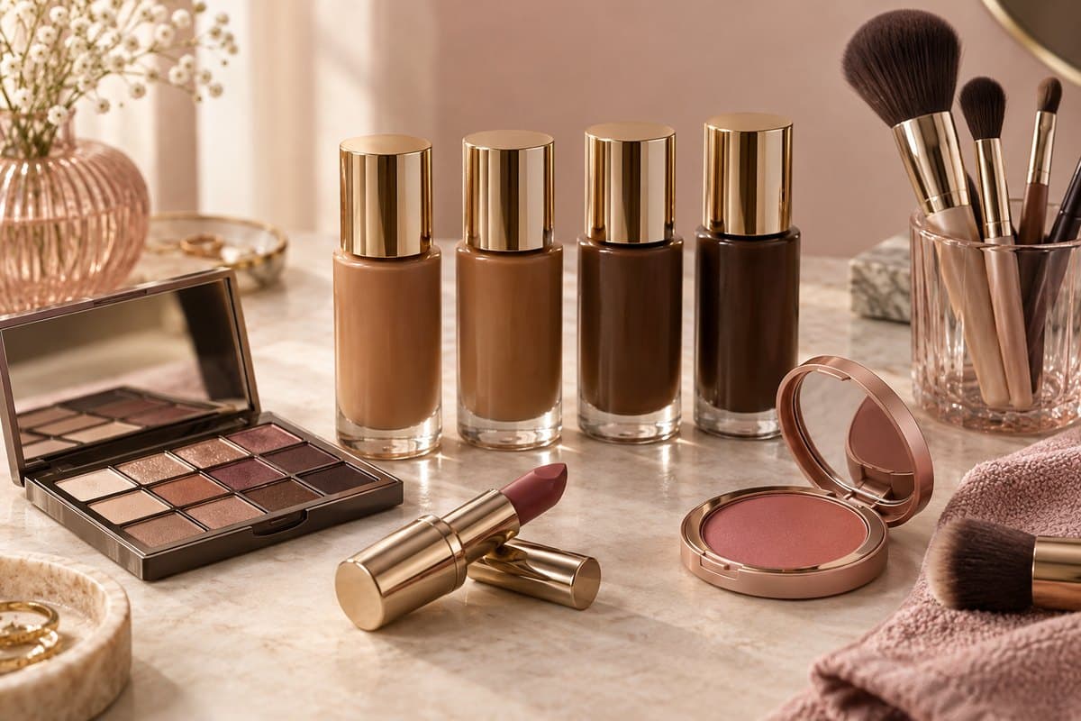 Foundation bottles in medium and deep brown shades beside warm eyeshadows, rose lipstick, blush, and brushes