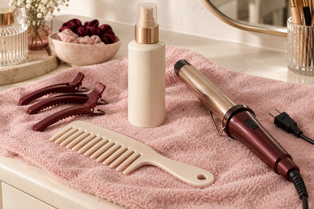 Comb, hair clips and a heat-protection bottle beside an unplugged curling wand