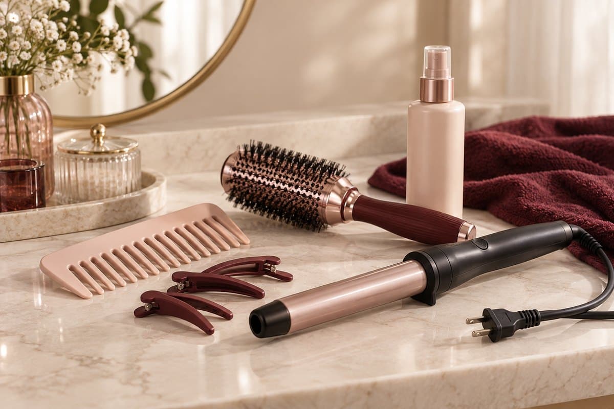 Wide-tooth comb, round brush, sectioning clips, heat-protection bottle, and unplugged curling wand on a cream vanity