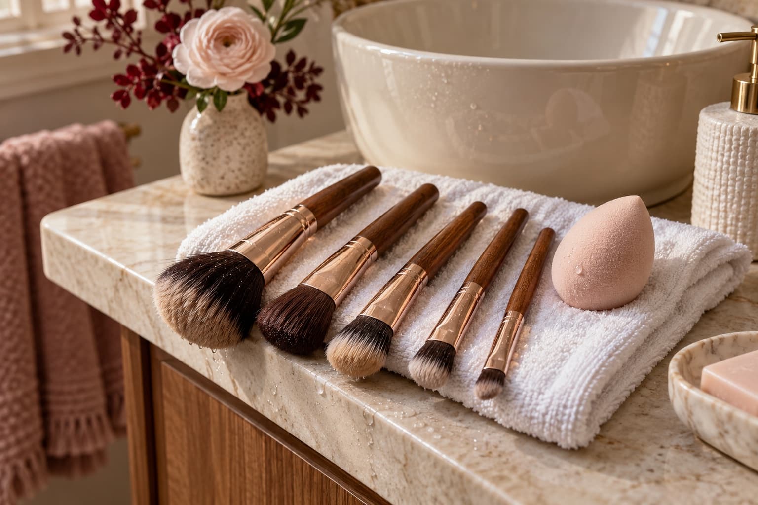 Washed makeup brushes drying flat with their tips over an edge beside a sponge and towel