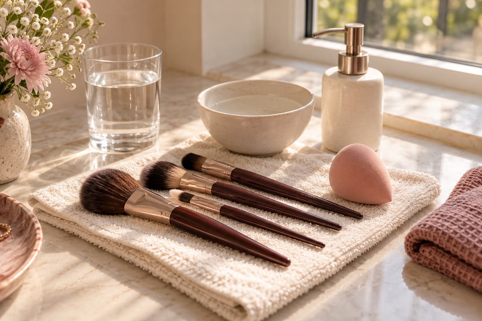 Clean makeup brushes drying on a cream towel beside a blush sponge and ceramic bowl