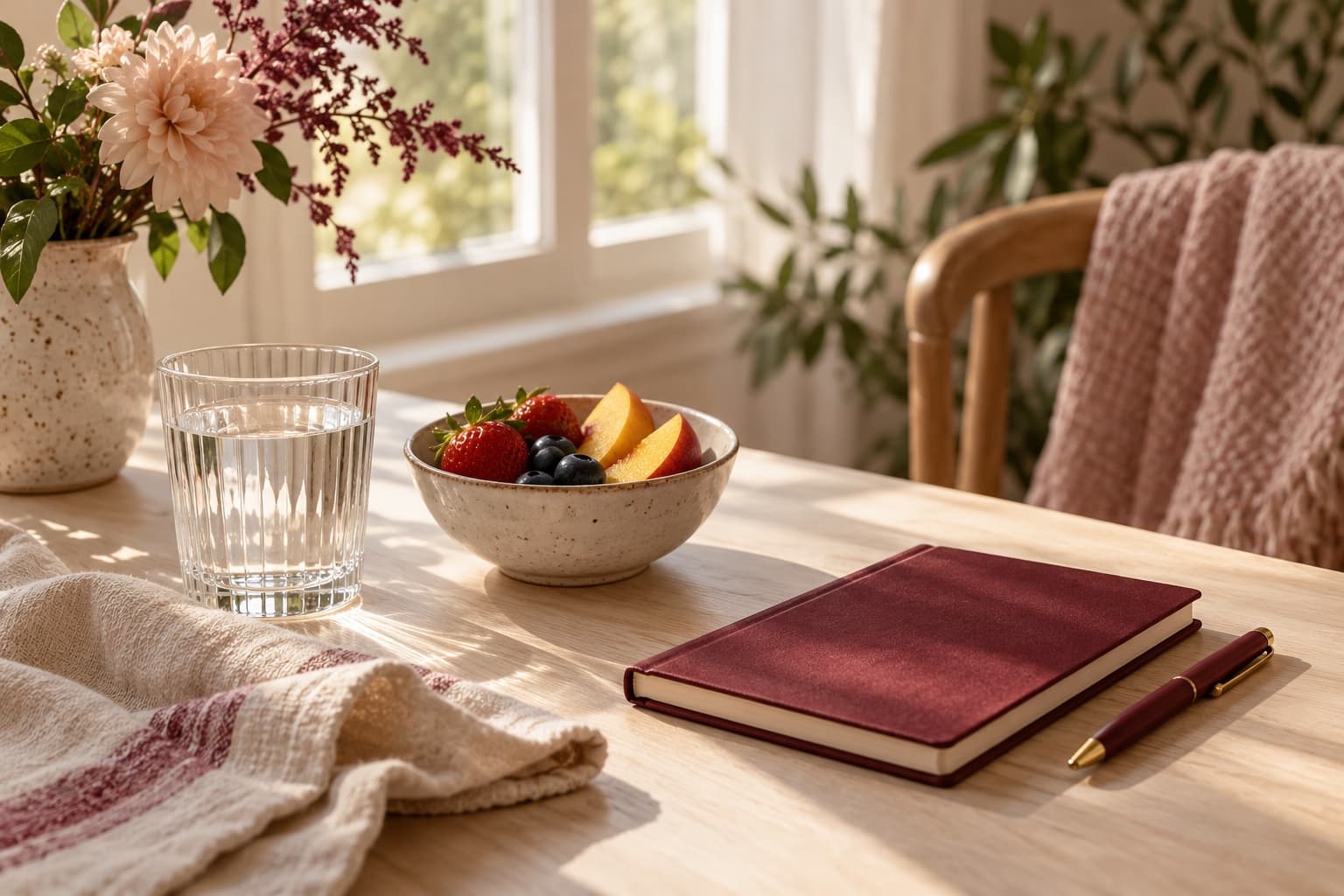 Water, fruit and a notebook arranged beside a sunny window