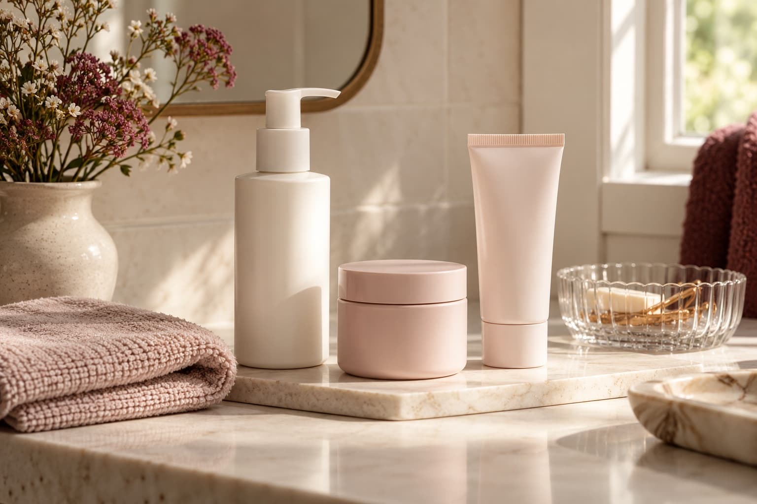 Three unbranded skincare containers arranged beside a washcloth