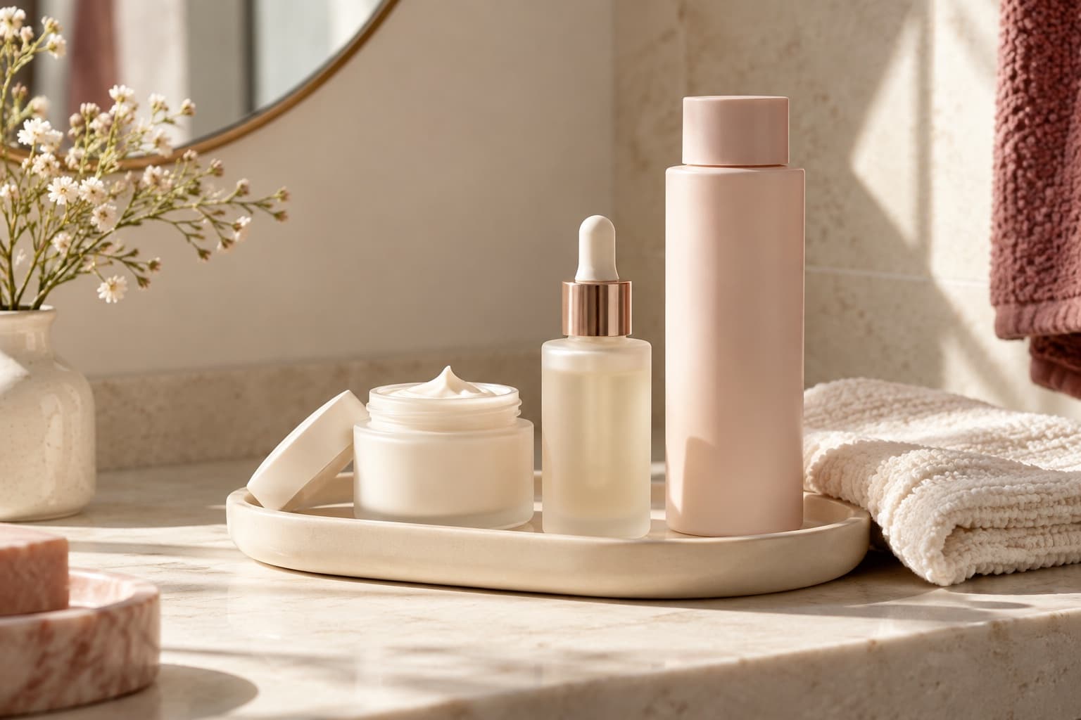 Unbranded skincare bottles, a moisturizer jar, and a cream washcloth on a sunlit shelf