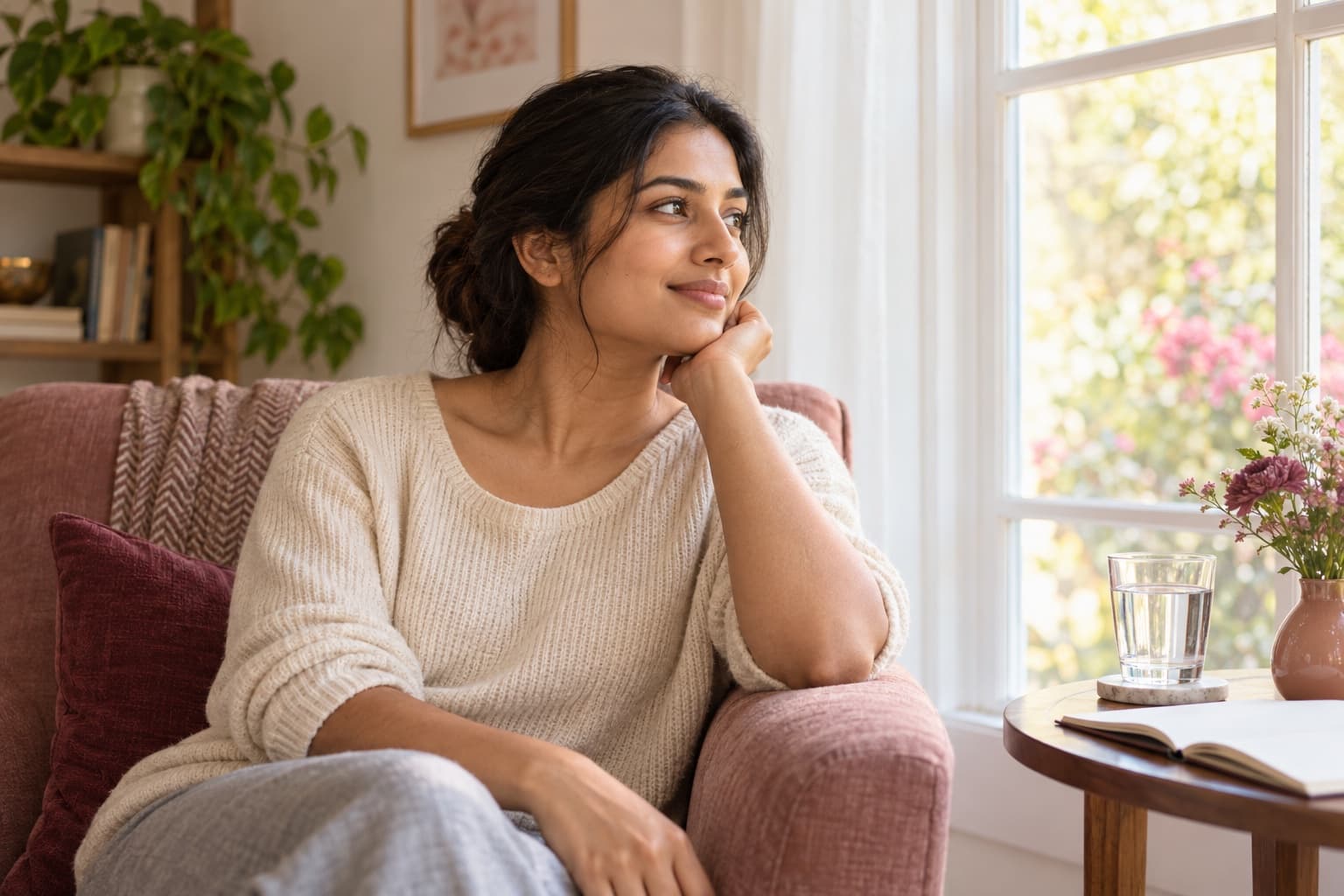 Woman resting beside a sunlit window with water and an open notebook on a side table